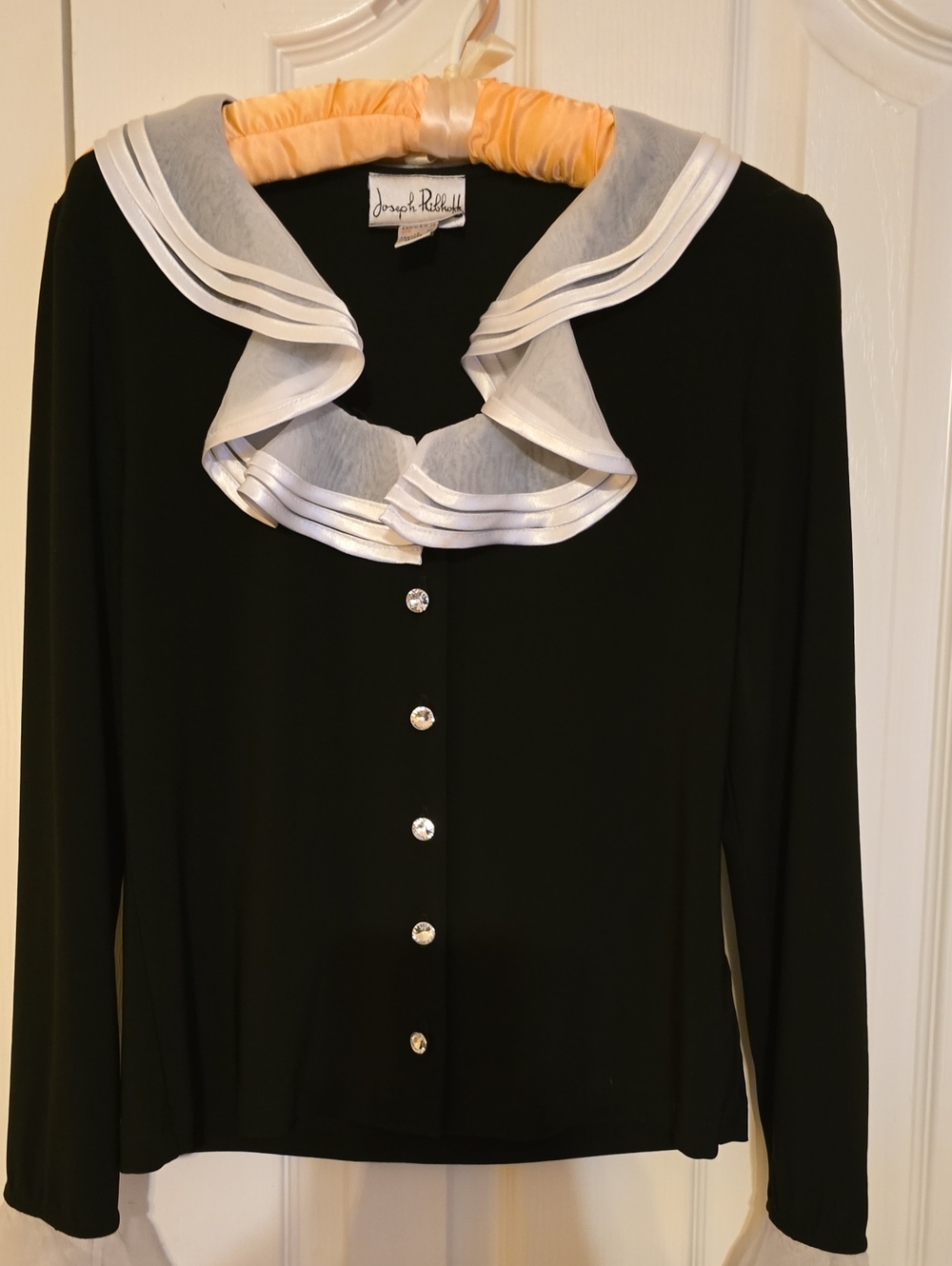 Joseph Ribkoff Vintage Black Blouse Ruffle Statement Collar Rhinestone M EUC